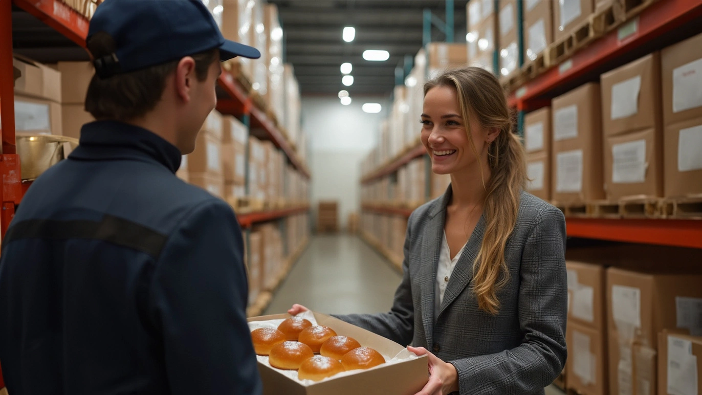 Fröhliches Geschäftsgespräch zwischen Verkäufer und Kundin in Lagerhalle, Bekleidungssortiment, freundliche Atmosphäre, Produktpräsentation, erfolgreiches Einkaufserlebnis, ZAG Stellenbörse, Ausbildung, Job, Karriere, Logistik, Handelsbranche.