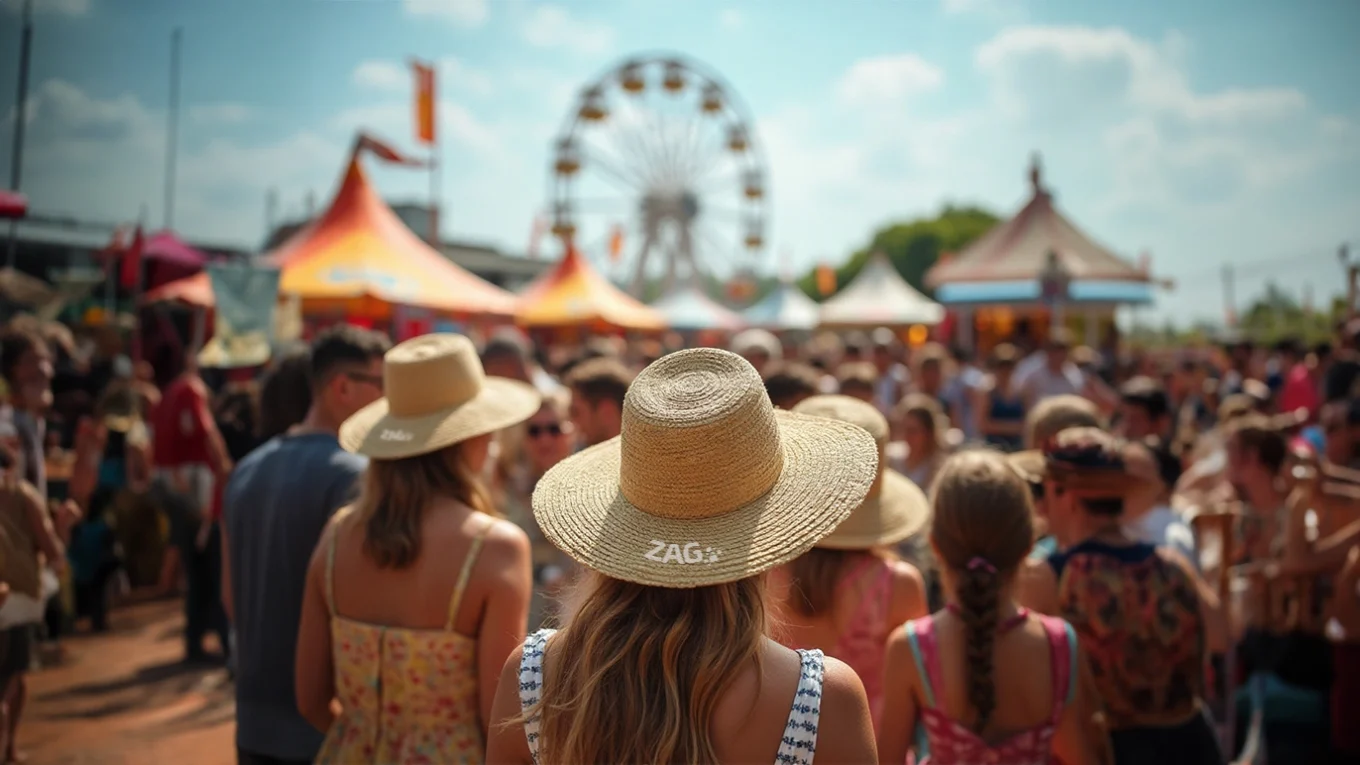 ZAG Sonnenhüte bei Volksfest, Modeaccessoires in Festival-Atmosphäre, Freizeit, Urlaub, Sommer, Schutz vor Sonne, Trend, Mode, Event, Sommergefühle, Menschenmenge, Outdoor, Lifestyle, Festivalbesucher, Spaß, Farbenfrohe Kulisse, Freizeitpark, Vergnügungspark, Gemeinschaftsgefühl, Sommerfest, Modeaccessoire, Lifestyle-Trend, Sommermode.