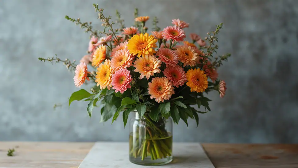 Bunter Blumenstrauß aus Gerbera in einem Glasvasen auf Holztablett, Frühlingsdekoration, Frische Schnittblumen, perfekte Geschenkidee, Gartenbau und Floristik.