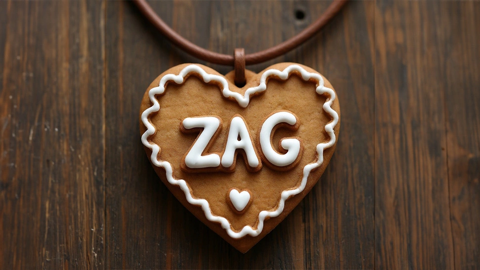 ZAG Lebkuchenherz mit ZAG-Aufschrift, traditionelle deutsche Weihnachtsdekoration, süßer Lebkuchen als Geschenkidee.