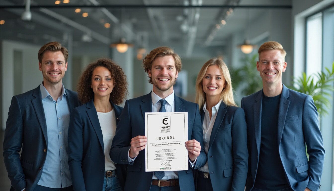 ZAG, erfolgreiche Teammitglieder in Business-Anzügen präsentieren eine Urkunde für Fairpay im modernen Büro.