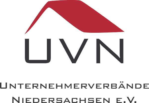 Hochwertiges Logo des Unternehmerverbands Niedersachsen e.V. mit rotem Dachsymbol und klarer Schrift, symbolisiert Engagement für regionale Wirtschaft und Unternehmensförderung in Niedersachsen.